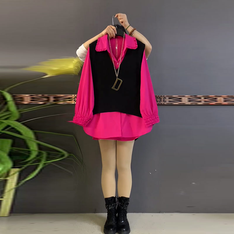 翻领长袖衬衫两件套后背镂空马甲