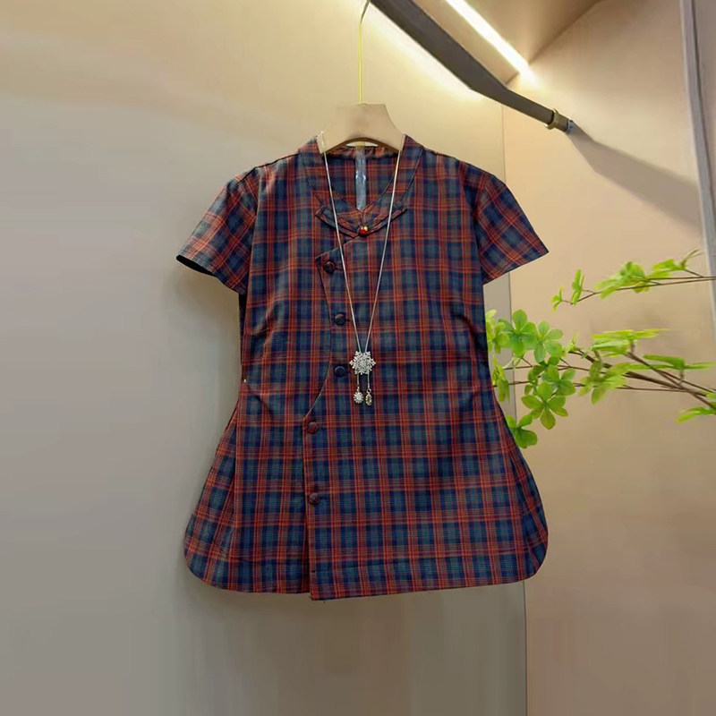胖妹妹立领斜襟短袖格子小衫2026夏季款大码女装减龄百搭复古上衣