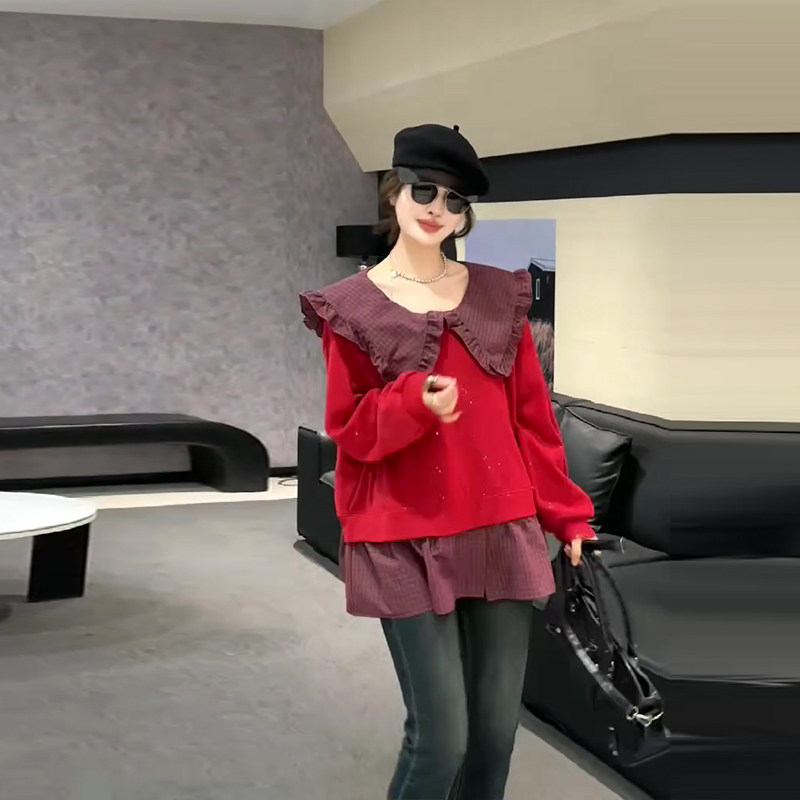 加大码女装拼色娃娃领长袖上衣胖妹妹韩版学院风减龄百搭显瘦卫衣,女装/女士精品,大码内搭,淘宝优惠券,粉丝福利购,淘宝优惠卷