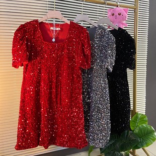 欧洲站加大码女装时尚气质轻熟风短款裙子胖MM加肥方领亮片连衣裙