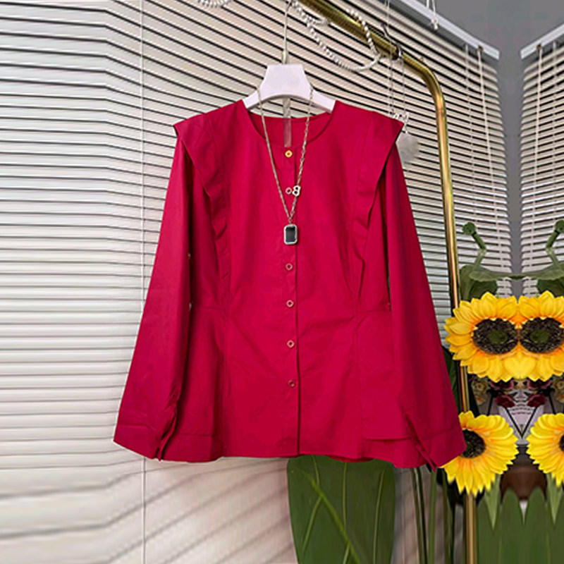 加肥女圆领荷叶肩长袖收腰上衣胖妹妹红色新年款洋气减龄百搭衬衫,女装/女士精品,大码内搭,淘宝优惠券,粉丝福利购,淘宝优惠卷