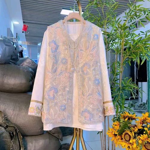 V领花朵马甲拼色袖口长袖小衫