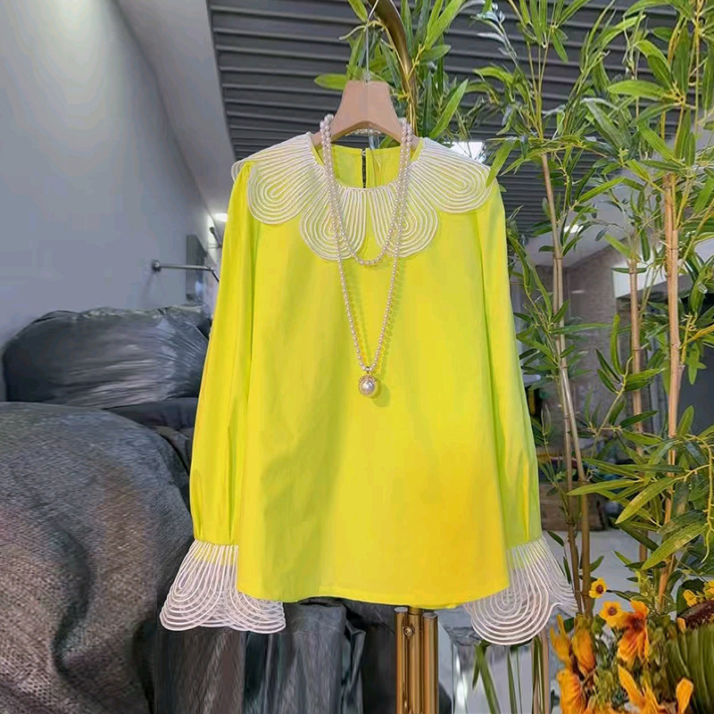 加肥微喇袖口蕾丝花瓣领小衫胖妹妹法式小众设计减龄洋气甜美上衣,女装/女士精品,大码内搭,淘宝优惠券,粉丝福利购,淘宝优惠卷