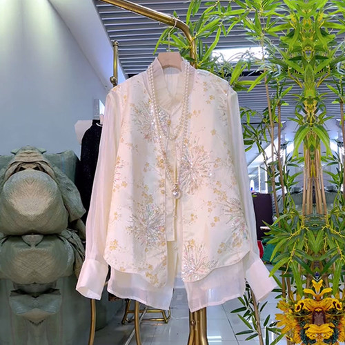 长袖小衫亮钻花新中式马甲