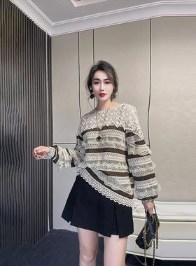 大码女装圆领长袖蕾丝小衫
