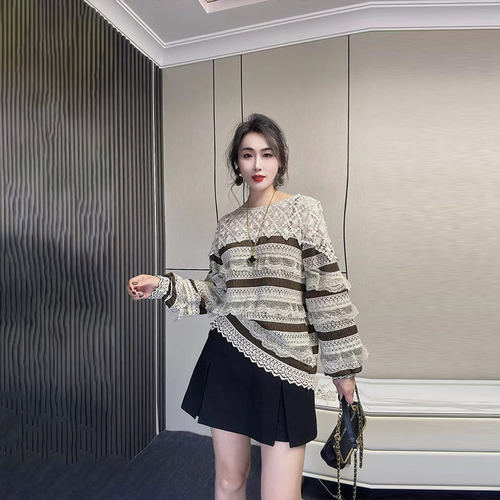 大码女装圆领长袖蕾丝小衫