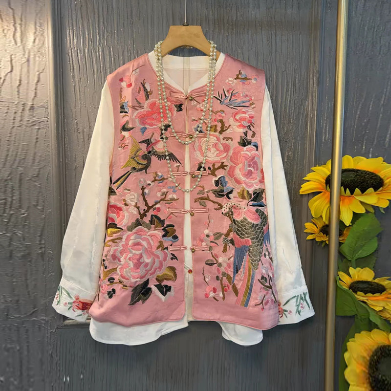 大码女装圆领盘扣花朵国风马甲胖妹妹韩版秋冬款刺绣袖口打底小衫,女装/女士精品,大码内搭,淘宝优惠券,粉丝福利购,淘宝优惠卷