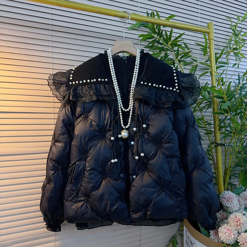 大码女装披肩领亮钻边长袖棉服