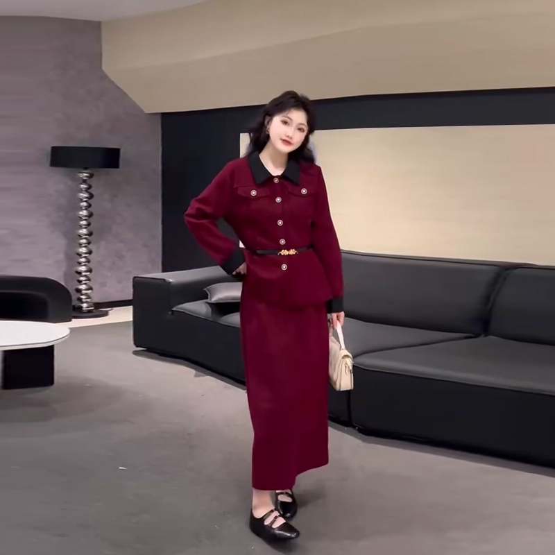 拼色翻领腰带长袖上衣半身裙套装