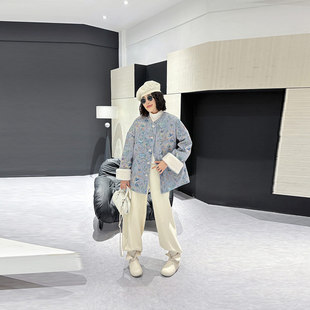 秋冬款 外套胖妹妹时尚 洋气设计感棉服上衣 口花纹新中式 加肥毛毛袖