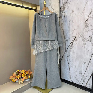 胖妹妹单侧吊带长袖上衣阔腿长裤加肥大码女装2026新款休闲两件套