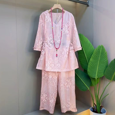 V领盘扣短袖上衣松紧腰九分裤