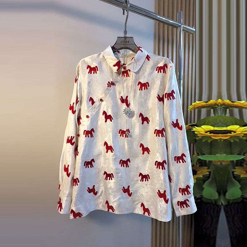 大码女装翻领长袖卡通图案衬衫