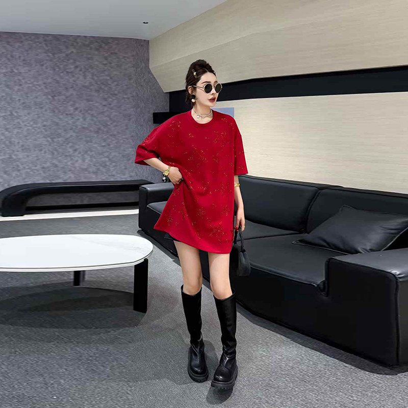 胖妹妹亮钻星星短袖T恤衫宽松遮肚子大码女装欧洲站洋气减龄上衣