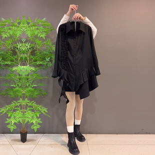 小众设计胖妹妹气质时尚 不规则底摆翻领衬衫 显瘦洋气上衣 女装 大码