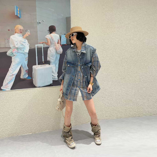 翻领长袖格子衬衫圆领牛仔马甲