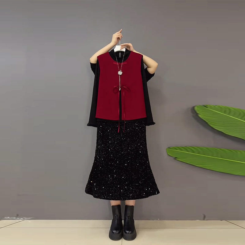 大码女装圆领盘扣马甲长袖打底衫半身裙胖MM复古风时尚显瘦三件套,女装/女士精品,大码套装,淘宝优惠券,粉丝福利购,淘宝优惠卷