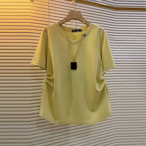 大码女装V领短袖侧压褶T恤衫