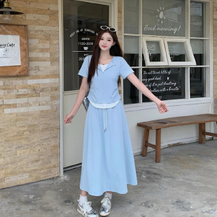 胖妹妹拼色内里侧压褶短袖上衣松紧腰半身裙夏季款大码女装两件套