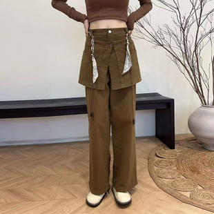 胖妹妹加肥拼接短裙阔腿长裤大码女装气质秋季款假两件休闲裤子潮