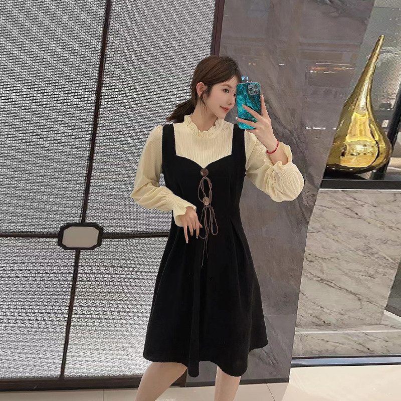 加大码女装荷叶边立领拼色长袖连衣裙胖妹妹韩版秋冬款减龄淑女裙