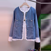 胖妹妹加肥圆领蕾丝边双兜牛仔外套大码 百搭上衣 款 女装 欧洲站秋季