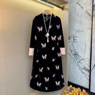 加肥立领拼色袖口满身蝴蝶旗袍裙胖妹妹长款显瘦复古风洋气连衣裙