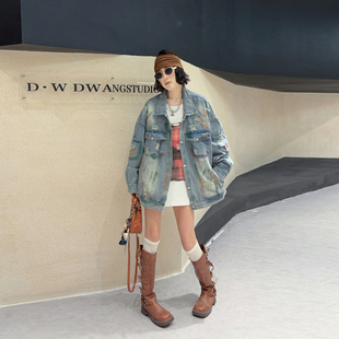 胖MM翻领长袖泼染牛仔外套加肥大码女装2026早春新款欧货百搭上衣