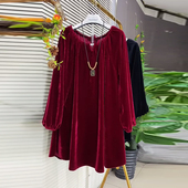 胖妹妹钉珠镂空圆领松紧袖 宽松遮肚子百搭上衣 女装 口丝绒大衫 大码