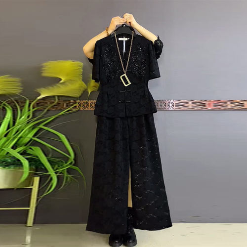 V领短袖上衣松紧腰阔腿长裤套装