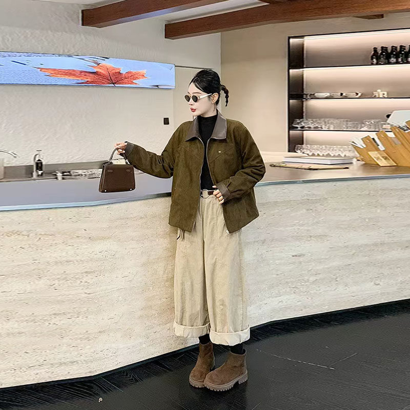 加肥拼皮翻领长袖加棉外套欧货大码女装气质百搭秋冬款棉服夹克衫