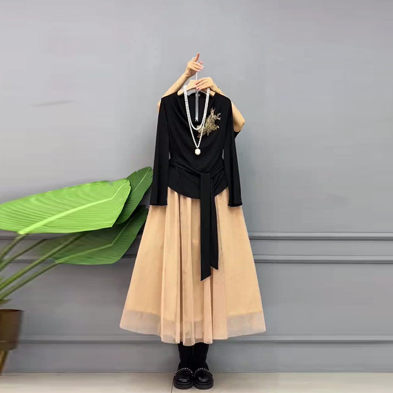 大码女装圆领长袖黑色小衫网纱半身裙胖妹妹气质轻熟风显瘦两件套,女装/女士精品,大码套装,淘宝优惠券,粉丝福利购,淘宝优惠卷