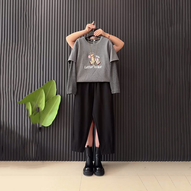 拼色条纹长袖假两件上衣