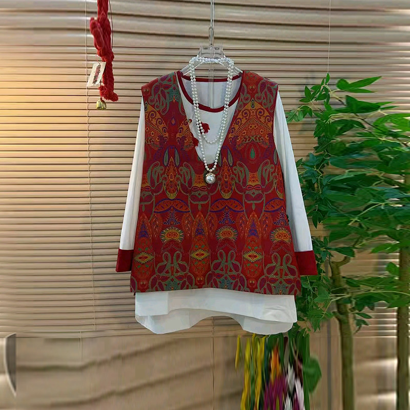 加肥女圆领拼色袖口小衫胖妹妹2026新款小众设计百搭V领花纹马甲,女装/女士精品,大码内搭,淘宝优惠券,粉丝福利购,淘宝优惠卷