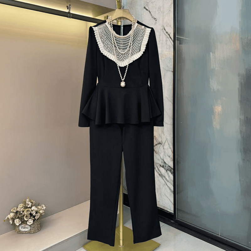 胖妹妹拼色钉珠领长袖上衣直筒长裤大码女装气质轻熟风显瘦两件套,女装/女士精品,大码套装,淘宝优惠券,粉丝福利购,淘宝优惠卷