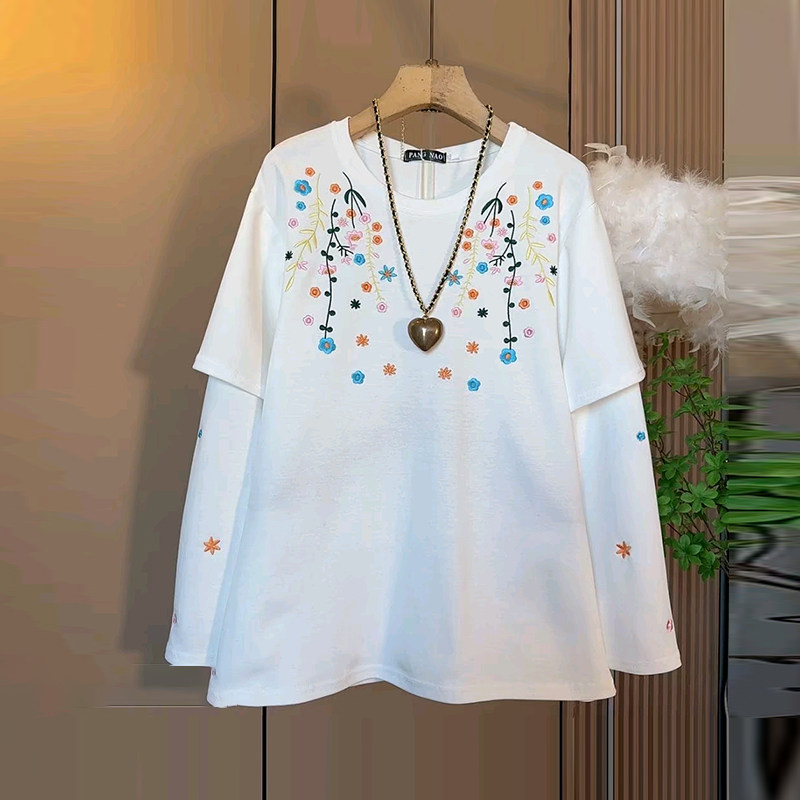 加肥女拼接长袖彩色花朵肩圆领上衣时尚韩版胖妹妹减龄休闲T恤衫,女装/女士精品,大码内搭,淘宝优惠券,粉丝福利购,淘宝优惠卷