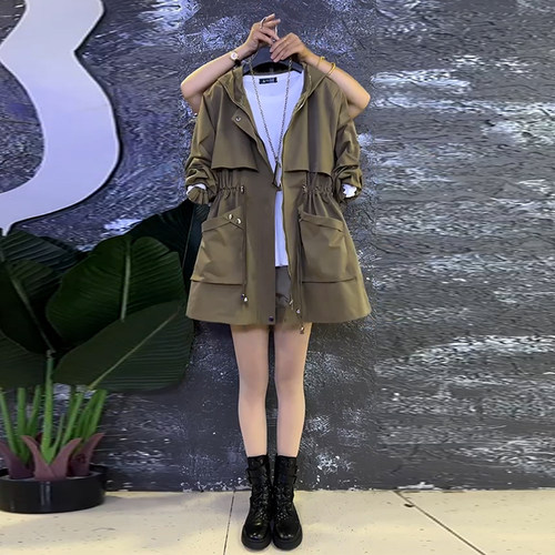 连帽双兜腰抽绳风衣外套