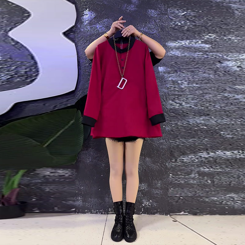 大码女装拼色领长袖上衣