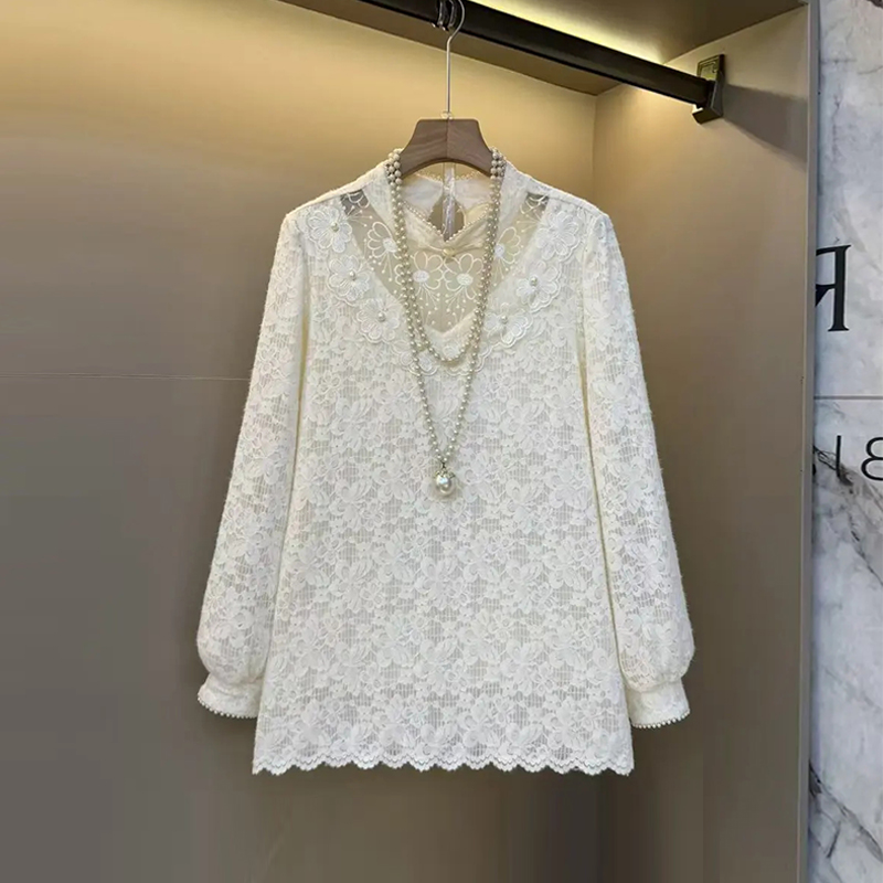 立领钉珠边长袖蕾丝小衫