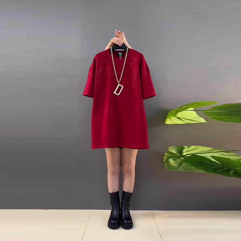 大码女装圆领短袖亮钻T恤衫