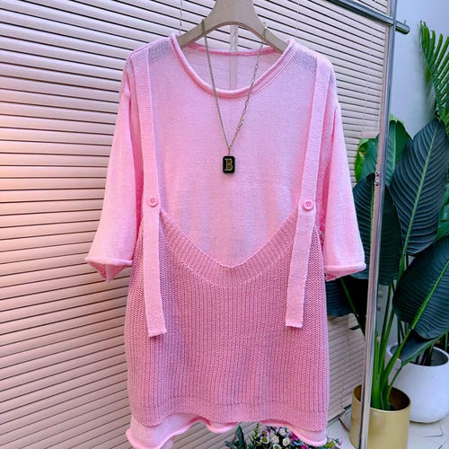 大码女装拼吊带背心短袖上衣