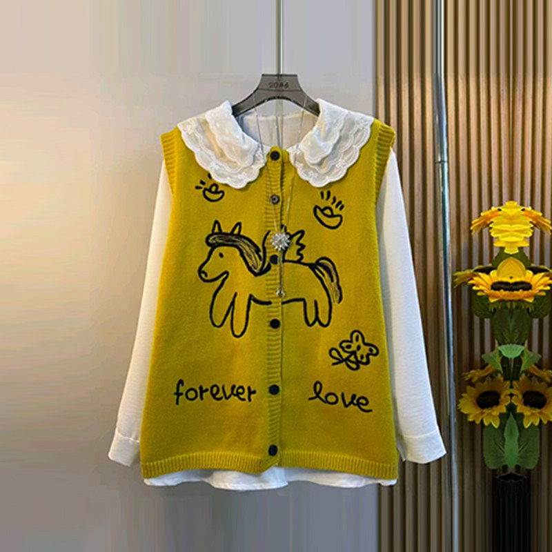 卡通图案马甲翻领长袖衬衫