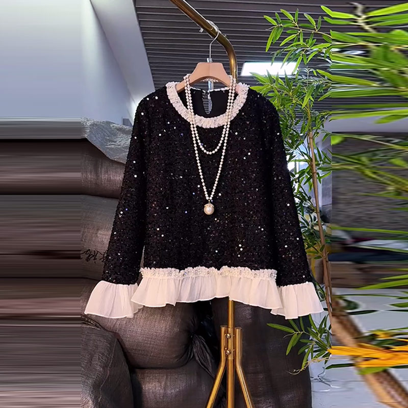 加肥拼色底摆长袖亮钻上衣