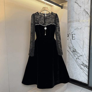 胖妹妹拼接蕾丝肩长袖收腰连衣裙大码女装气质轻熟风洋气长款裙子