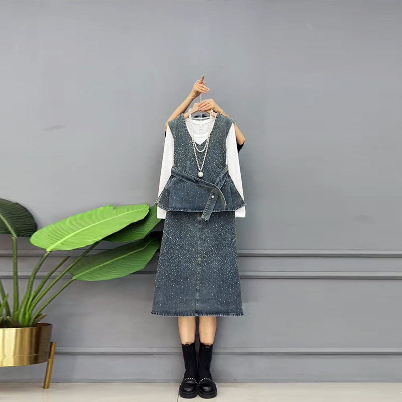 加肥V领腰带马甲半身裙牛仔两件套胖妹妹白色简约圆领长袖打底衫,女装/女士精品,大码套装,淘宝优惠券,粉丝福利购,淘宝优惠卷