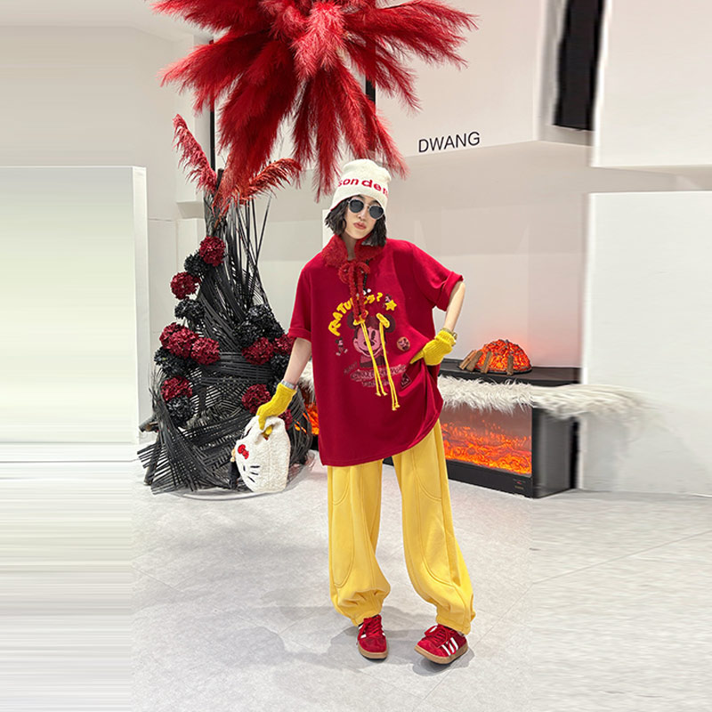 流苏扣卡通图案短袖上衣