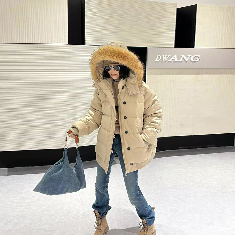 大码女装连帽毛领长袖棉服