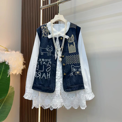 卡通图案字母牛仔马甲蕾丝打底衫