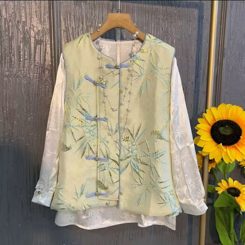 圆领竹子图案国风马甲+国风衫