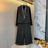 女装 加肥立领盘扣马甲长袖 子大码 阔腿裤 气质显瘦亮钻三件套 打底衫